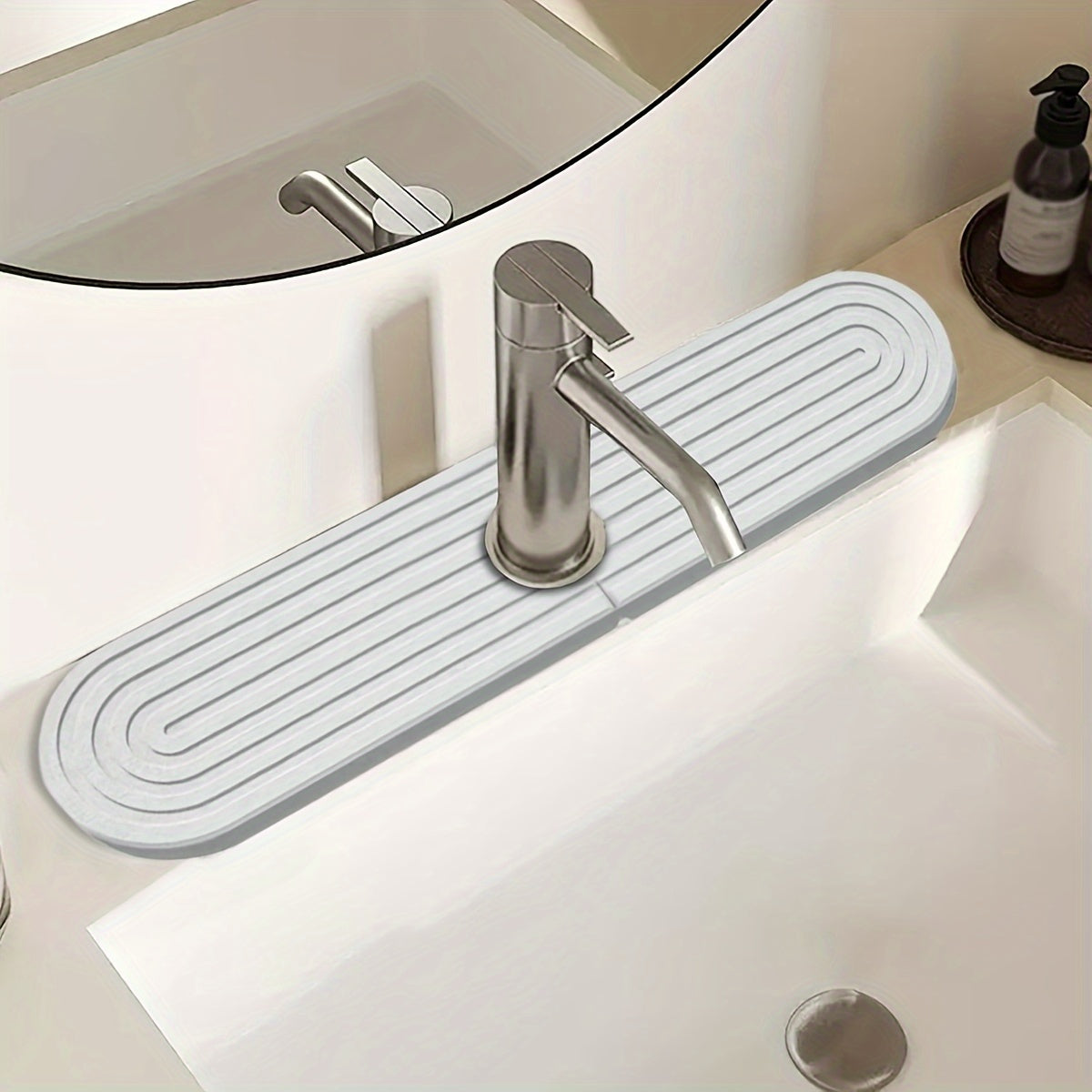 Quick-Dry Diatomaceous Earth Kitchen Sink Mat - 15.5" Super Absorbent, Moisture-Resistant Faucet Tray with Sandpaper Included - Light Gray