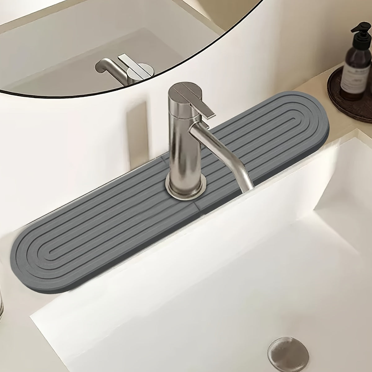 Quick-Dry Diatomaceous Earth Kitchen Sink Mat - 15.5" Super Absorbent, Moisture-Resistant Faucet Tray with Sandpaper Included - Light Gray