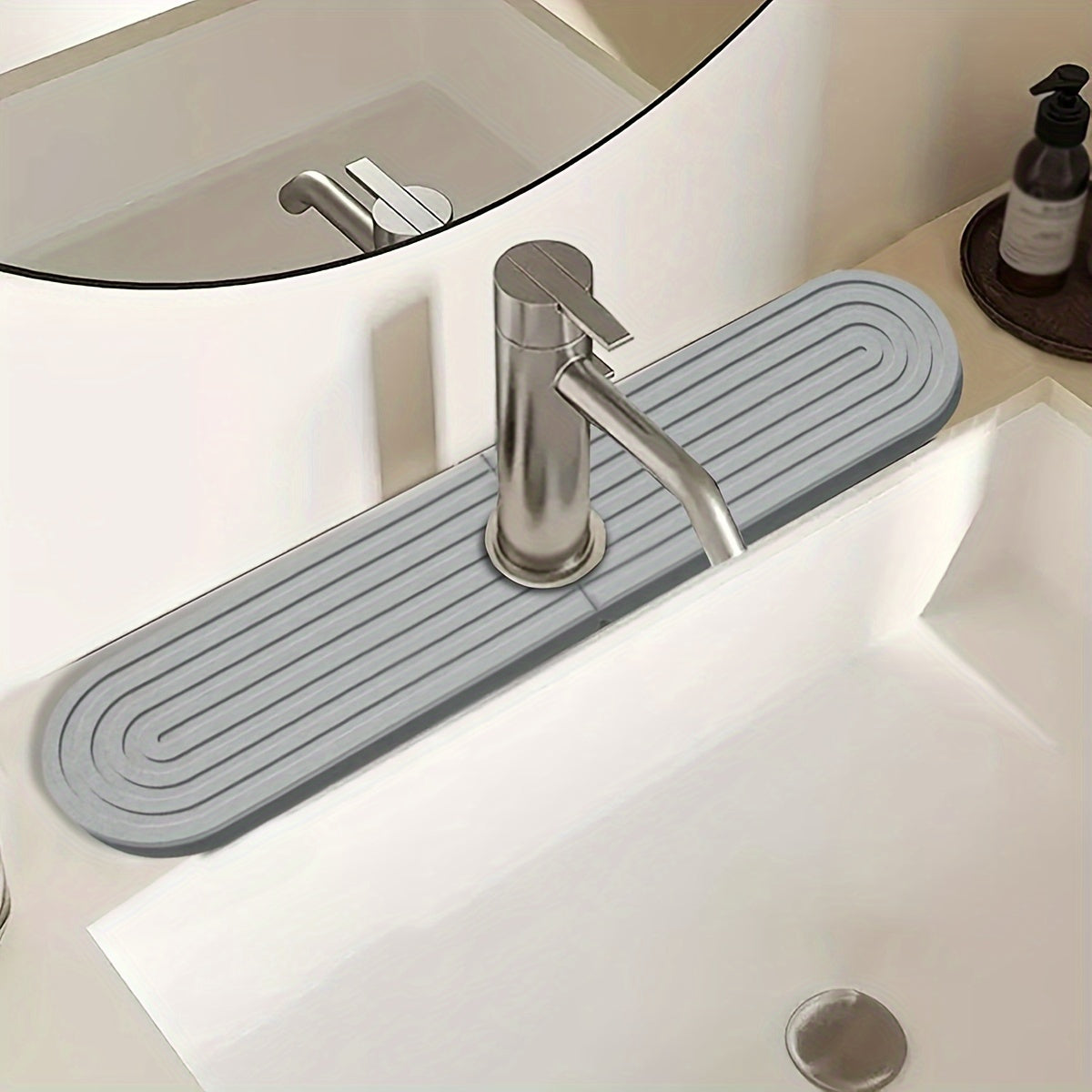 Quick-Dry Diatomaceous Earth Kitchen Sink Mat - 15.5" Super Absorbent, Moisture-Resistant Faucet Tray with Sandpaper Included - Light Gray