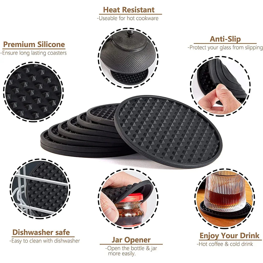 Silicone Drink Coasters with Holder Heat Resistant Cup Dish Drying Mat Tabletop Protection Non-Slip Coasters for Drinks 1Set