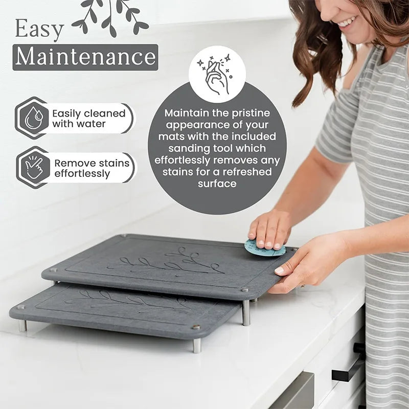 Nesting Stone Dish Drying Mats for Kitchen Counter Absorbent Quick Drying Diatomaceous Earth Stone Drying Mat Non-Slip Pad
