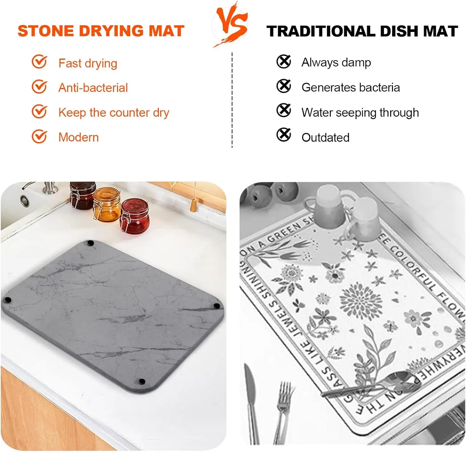 Dish Drying Stone Mat for Kitchen Quick Drying Diatomaceous Earth Sink Tray Mat Stone Mat with 4 Non-Slip Legs for Kitchen Bath