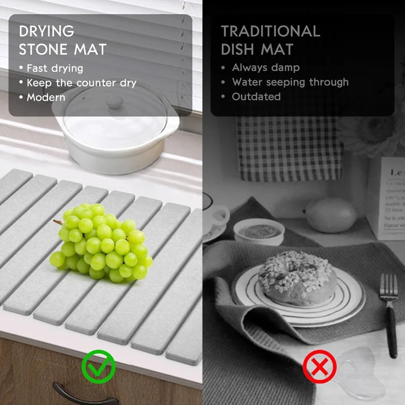 Stone Dish Drying Mat for Kitchen CounterSuper Absorbent Diatomaceous Earth Dish Drying Mat, Grey Kitchen Counter Mats