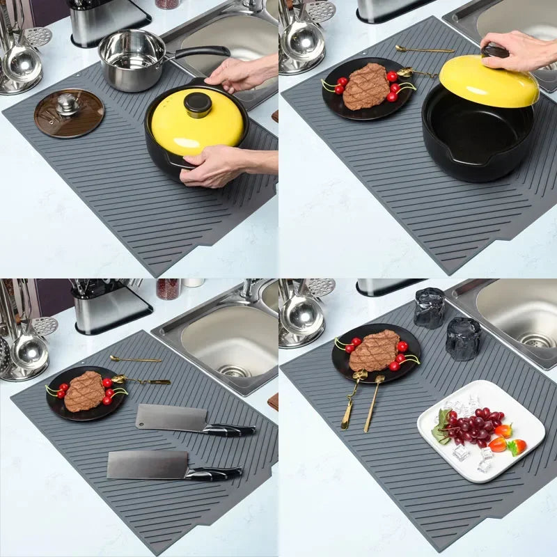 Silicone Draining Board Mat Drying Pad Folding Heat Machine Mat with Raised Edges Countertop Mats Dish for Kitchen Pot Cup S/L