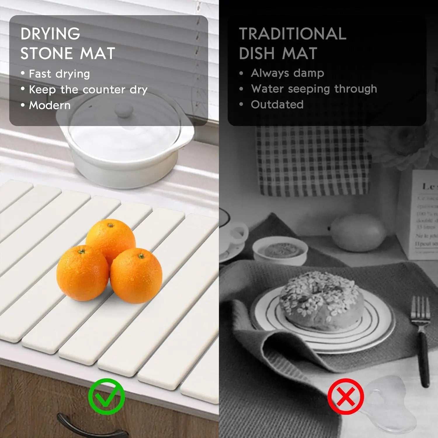 Large Stone Dish Drying Mat for Kitchen Counter, 24"(L)×16"(W) Fast Dry Super Absorbent Collapsible Dish Drying Mats, Eco-Friend