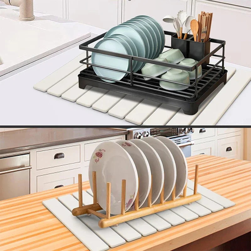 Stone Dish Drying Mat Super Absorbent Diatomaceous Earth Drying Mats Foldable Stone Dish Mat Kitchen Countertop Crockery Mat