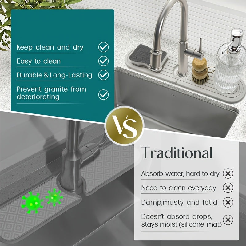 Quick-Dry Diatomaceous Earth Faucet Mat – Absorbent Kitchen & Bathroom Sink Protector, Space-Saving Design, Easy Installation, 45cm x 10cm, Gray Textured Surface for Stylish and Functional Use