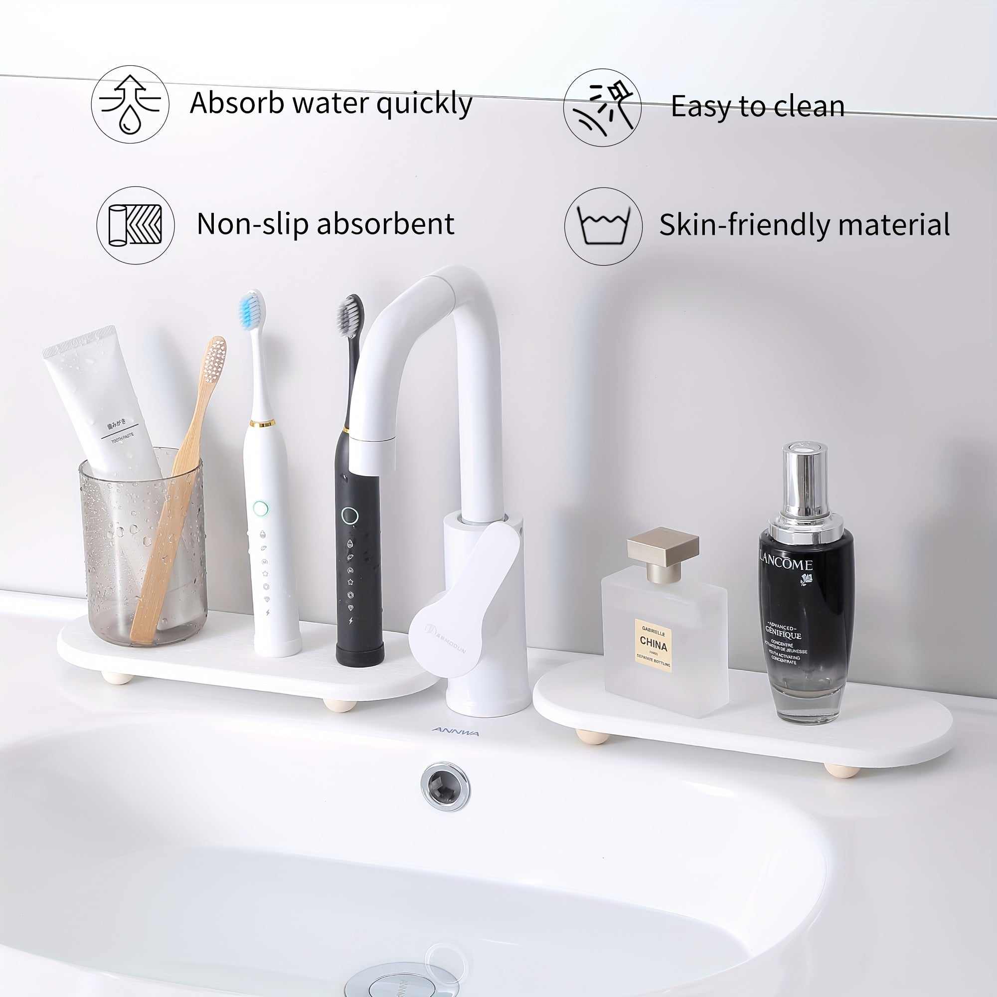 Quick-Dry Absorbent Diatomaceous Earth Countertop Mat with Utensil Holder & Bottle Opener - Solid Pattern Stone Material Dish Drying Tray for Kitchen & Bathroom, Durable Modern Countertop Organizer, Dish Drying Mat, Bathroom Storage, Minimalist Design, Hi