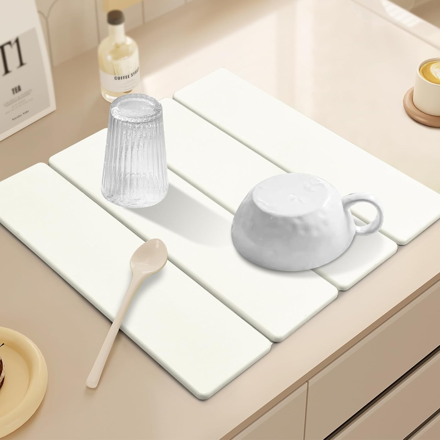 Large Stone Dish Drying Mats for Kitchen Counter, 24"(L)×16"(W) Quick Dry Collapsible Dish Drying Mat, Eco-Friendly Absorbent Diatomaceous Earth Mats for Dishes Bottles Cups, Match Any Countertop