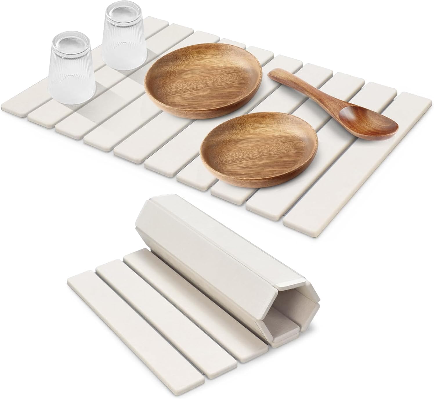 Large Stone Dish Drying Mats for Kitchen Counter, 24"(L)×16"(W) Collapsible Quick Dry Dish Drying Mat, Eco-Friendly Absorbent Diatomaceous Earth Mat for Dishes Bottles Cups, Match Any Countertop