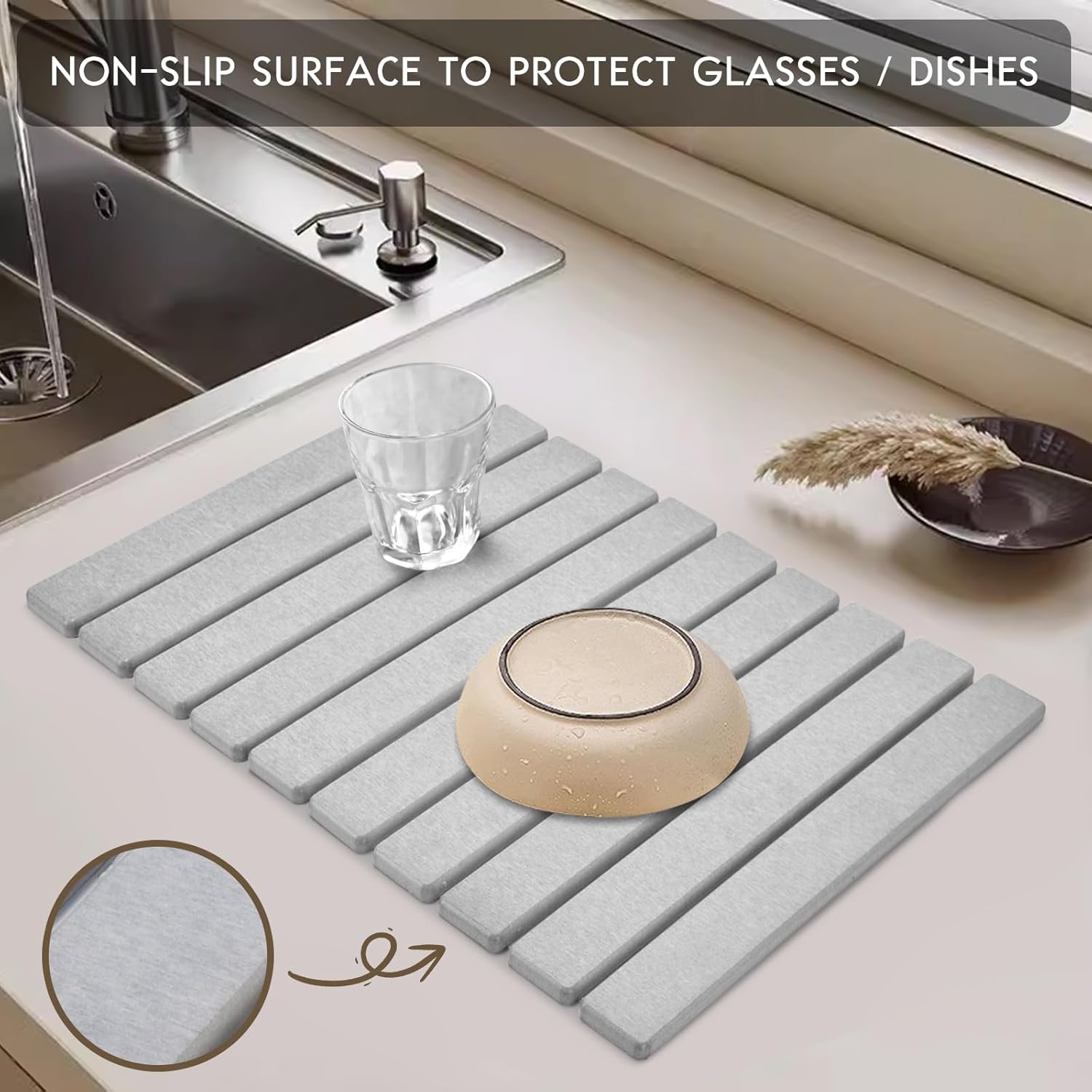 Large Stone Dish Drying Mats for Kitchen Counter, 24"(L)×16"(W) Collapsible Quick Dry Dish Drying Mat, Eco-Friendly Absorbent Diatomaceous Earth Mat for Dishes Bottles Cups, Match Any Countertop