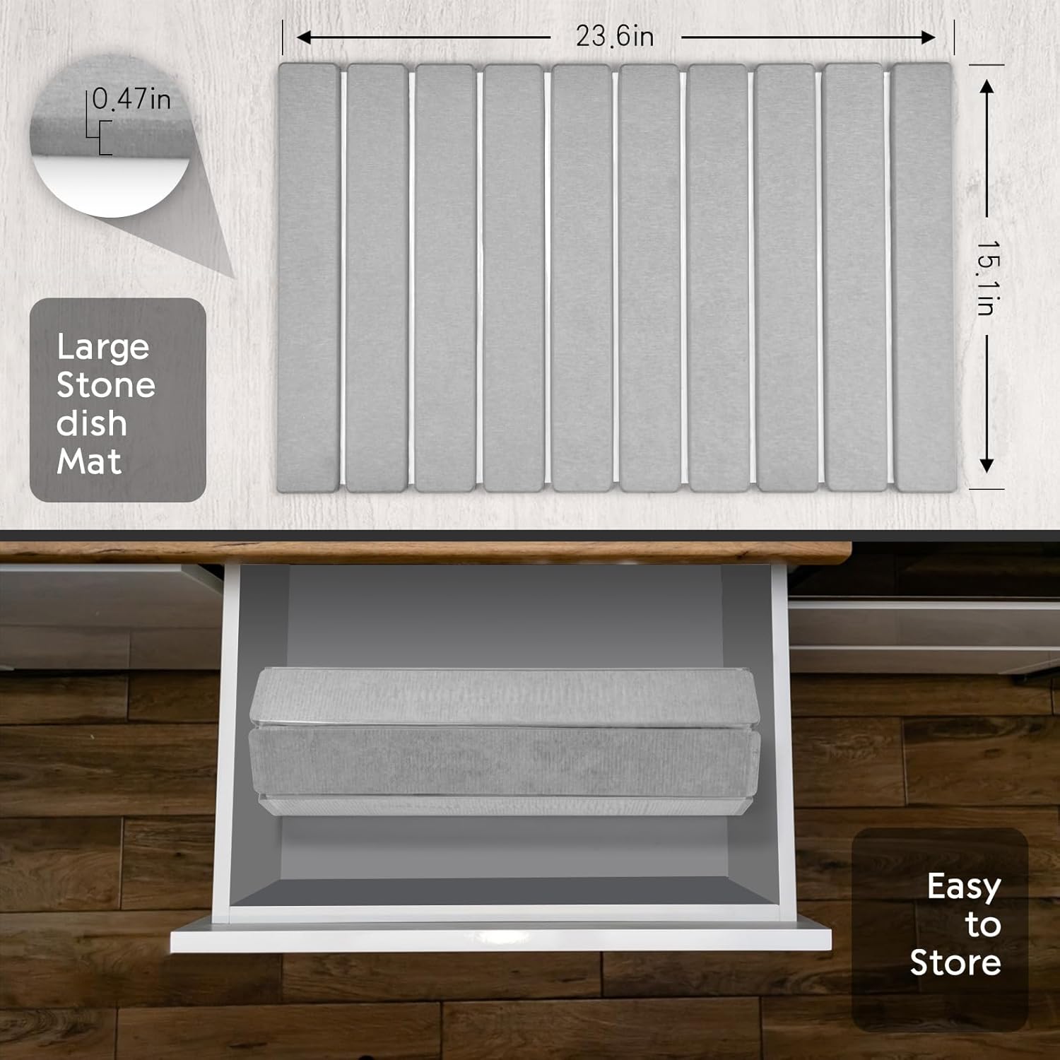 Large Stone Dish Drying Mats for Kitchen Counter, 24"(L)×16"(W) Collapsible Quick Dry Dish Drying Mat, Eco-Friendly Absorbent Diatomaceous Earth Mat for Dishes Bottles Cups, Match Any Countertop