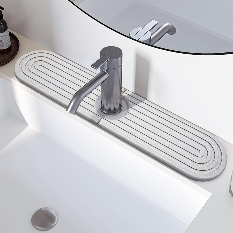 Quick-Dry Diatomaceous Earth Faucet Mat – Absorbent Kitchen & Bathroom Sink Protector, Space-Saving Design, Easy Installation, 45cm x 10cm, Gray Textured Surface for Stylish and Functional Use