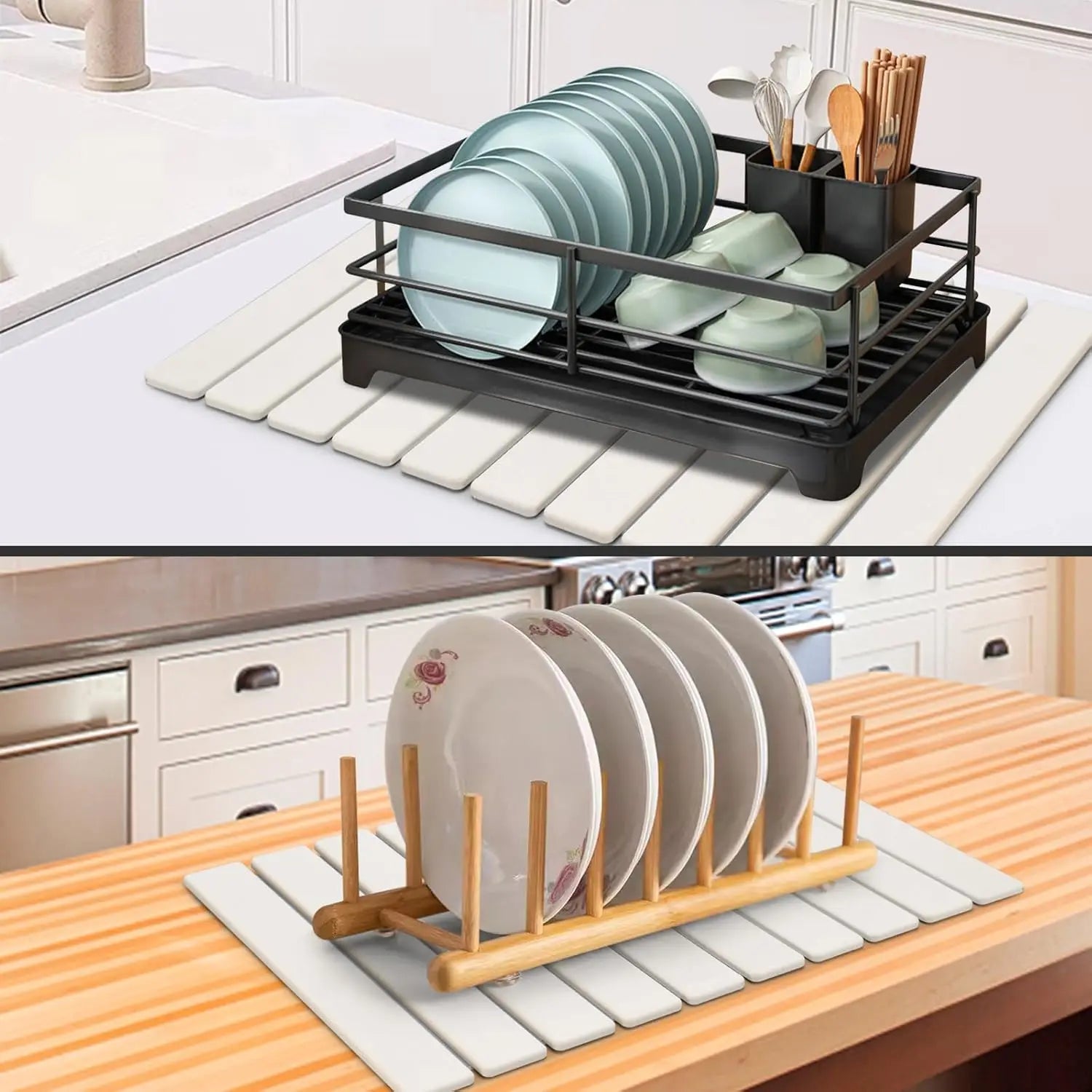 Large Stone Dish Drying Mat for Kitchen Counter, 24"(L)×16"(W) Fast Dry Super Absorbent Collapsible Dish Drying Mats, Eco-Friend