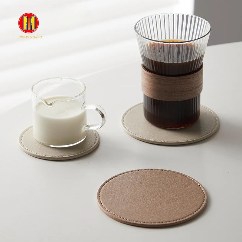 Inmos Faux Leather Coasters for Home Decor, Round Cup Pads, Tea and Water Cups, Coffee Mats, Dish Drying, Nordic