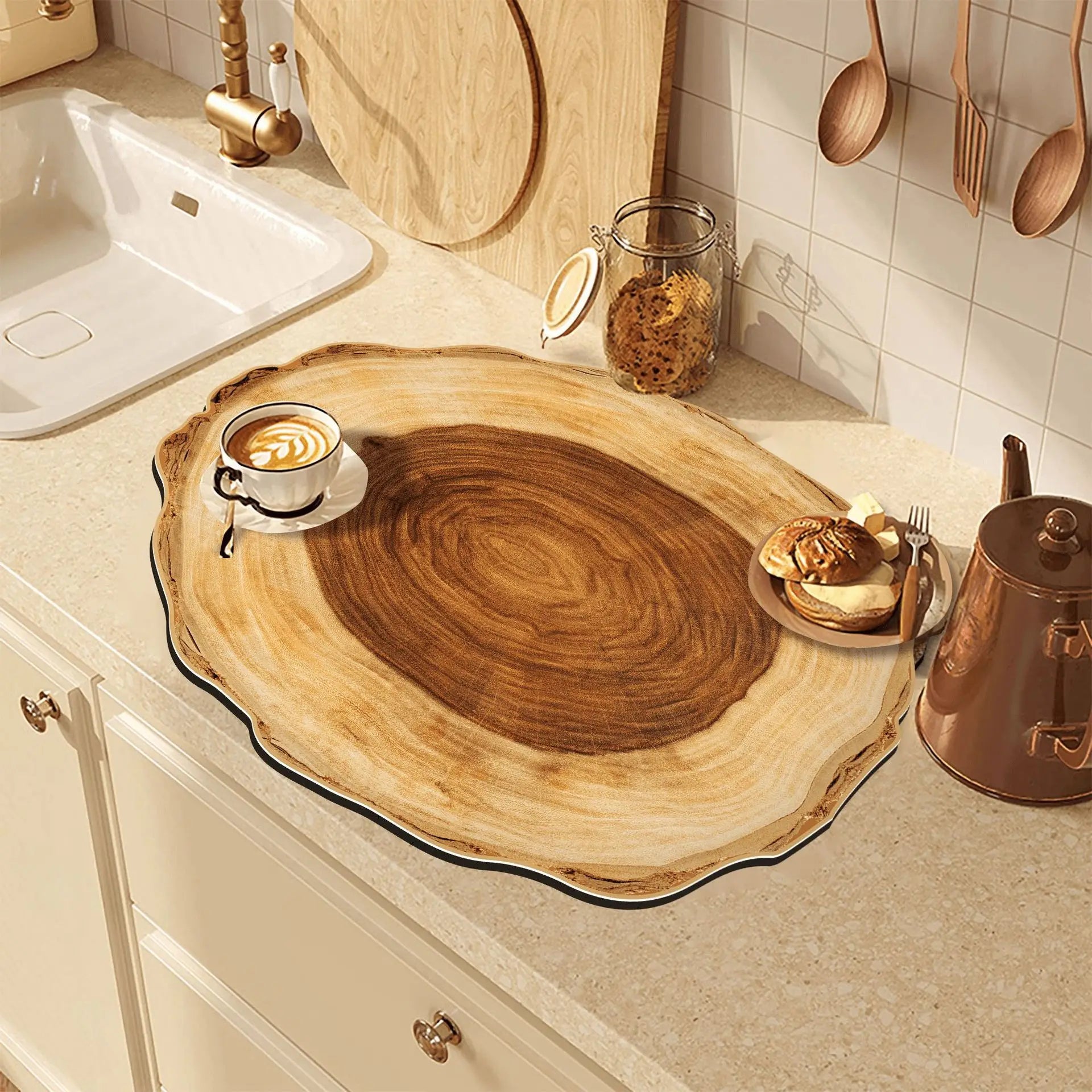 3D Printed Round Wooden Coffee Machine Mat Wooden Year Round Kitchen Mat Coffee Bar Mat