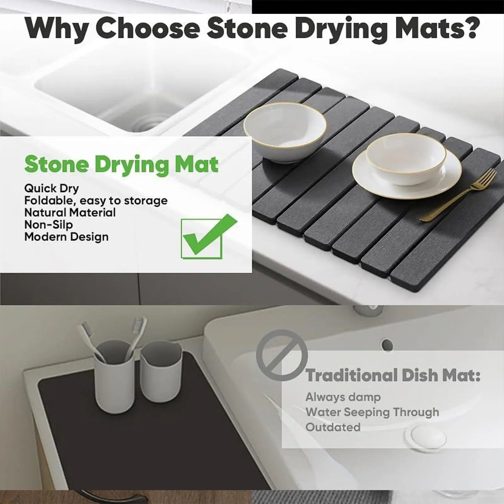 Large Stone Dish Drying Mat Foldable Dish Drying Mat Nonslip Reusable Dish Drainer Mat multi-purpose diatomaceous earth dish mat