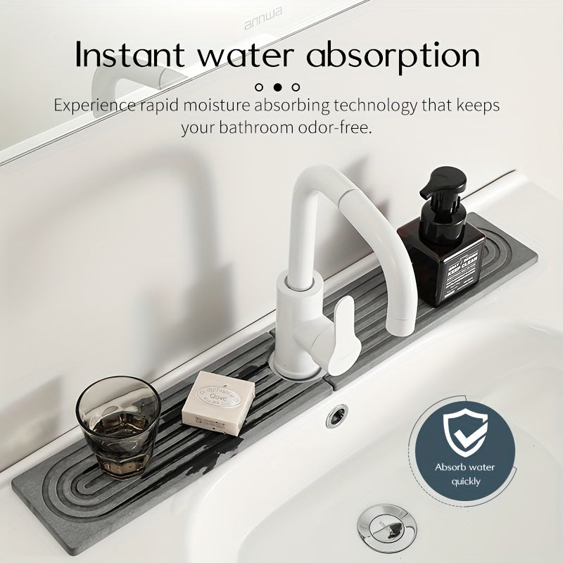 Quick-Dry Diatomaceous Earth Kitchen Sink Mat - 15.5" Super Absorbent, Moisture-Resistant Faucet Tray with Sandpaper Included - Light Gray